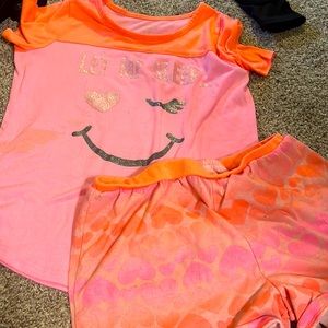 Pajama Set - Size 10/12 kids - Pink and Coral with “let me sleep” text.